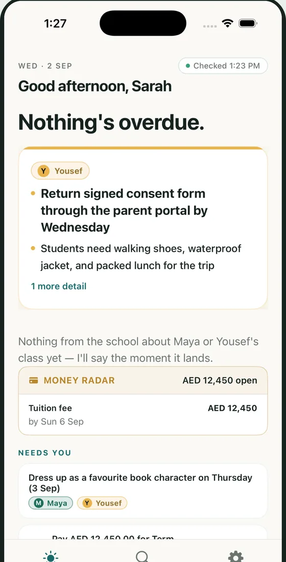 Parently Loop app screen — today, already read