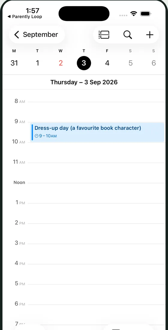 Parently Loop app screen — one tap, and it’s in your calendar