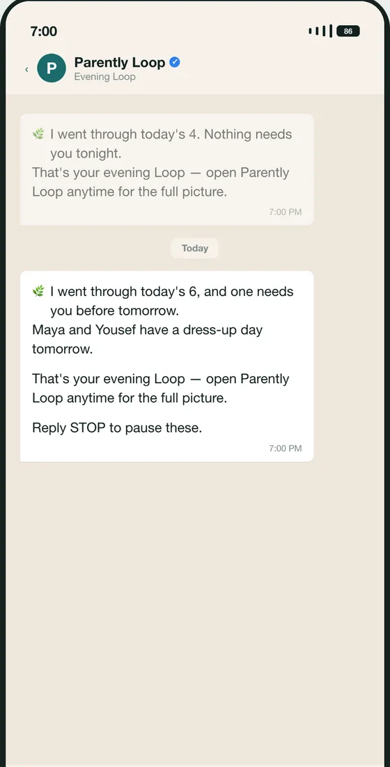 The real evening WhatsApp message from Parently Loop, showing a quiet night and a night that needs you