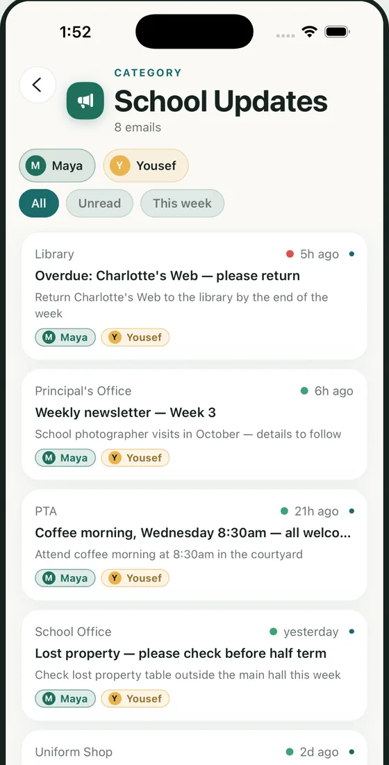 Parently Loop app screen — you know whose letter it is